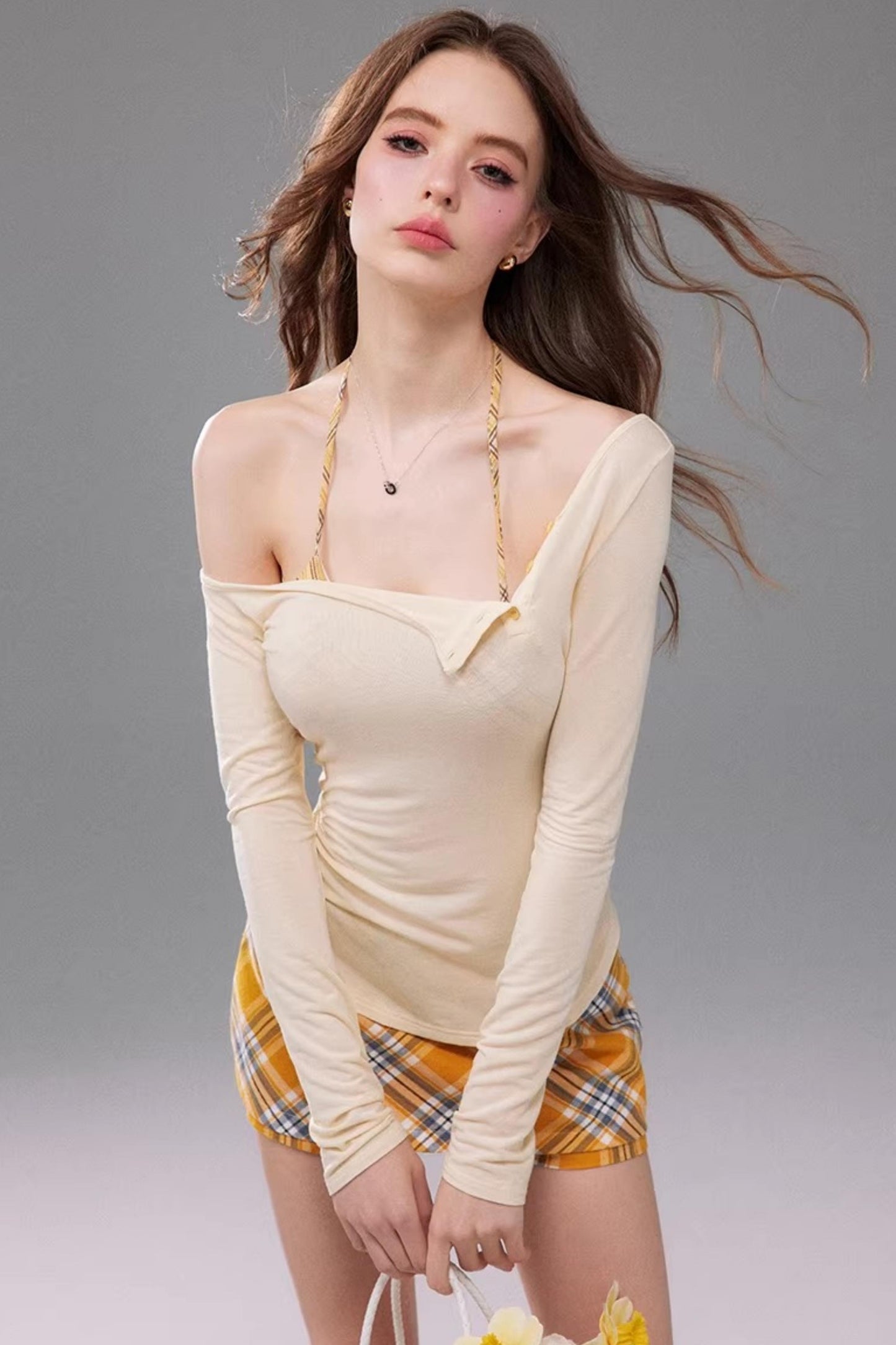 Off-Shoulder Plaid Corset and T-Shirt Matching Set