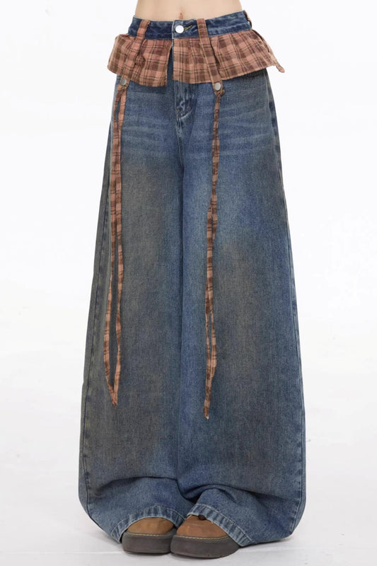 Pantalon en denim patchwork à carreaux rétro