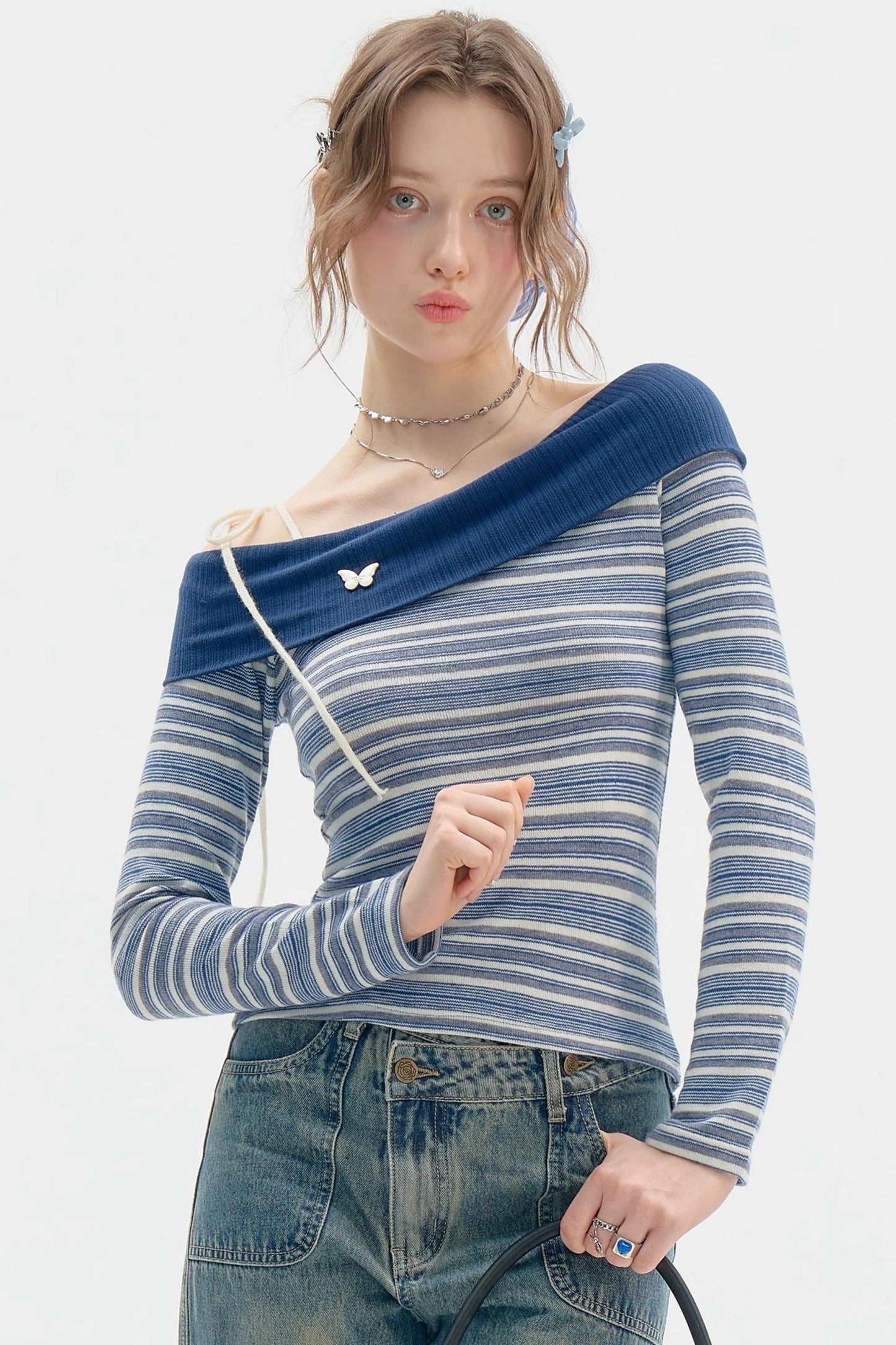 Dark Blue Stripe One-Shoulder Shirt