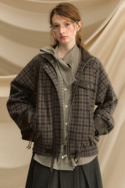 Stand Collar Plaid Woolen Jacket