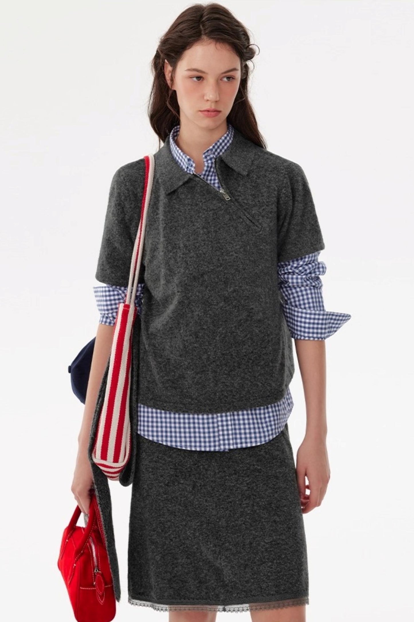 Diagonal Zip Knit Short Sleeve Suit Set-Up