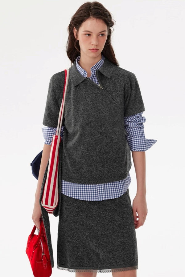 Diagonal Zip Knit Short Sleeve Suit Set-Up