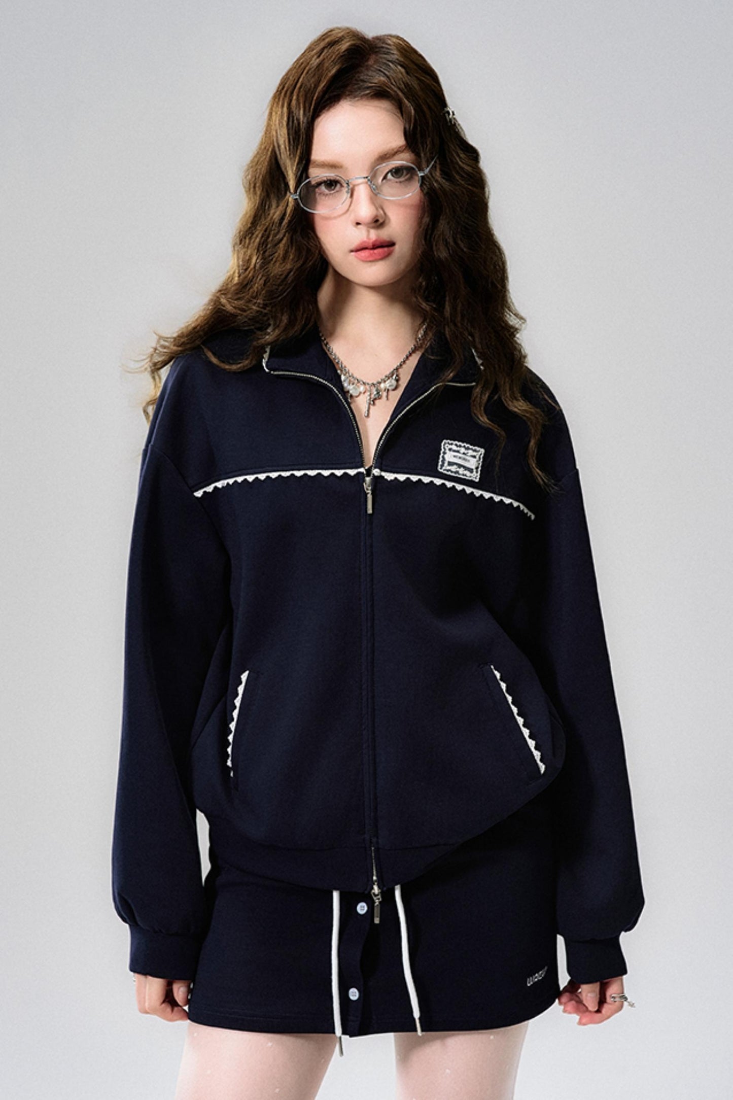 Navy Lace Jacket & Skirt Set-Up