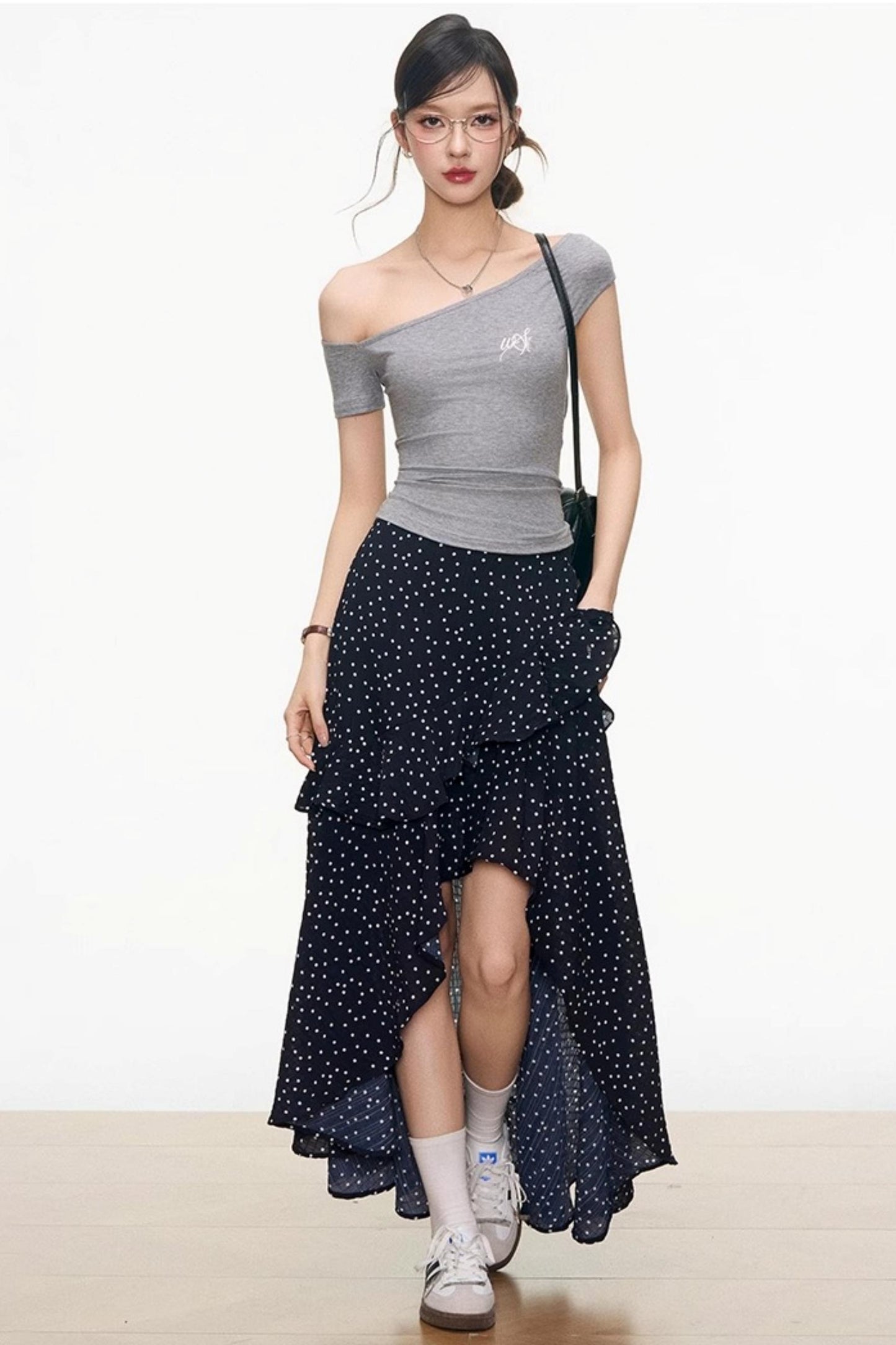Asymmetrical Grey Top & Polka Dot Maxi Skirt Set-Up