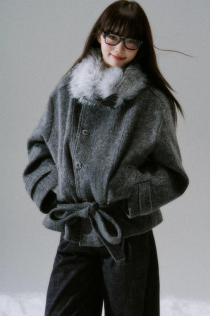Bow Fur Collar Wool Coat
