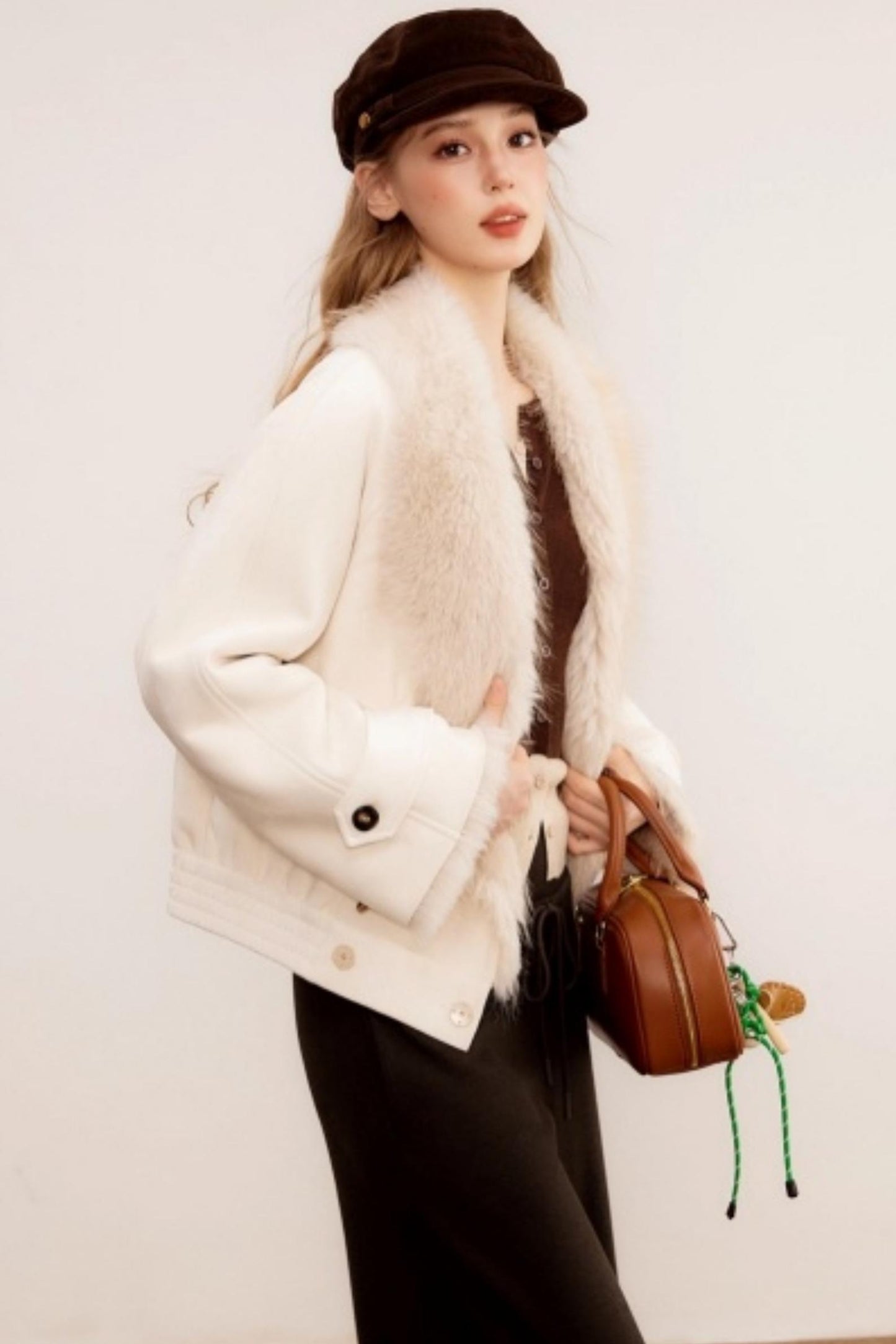 Fur Collar Leather Parka Coat