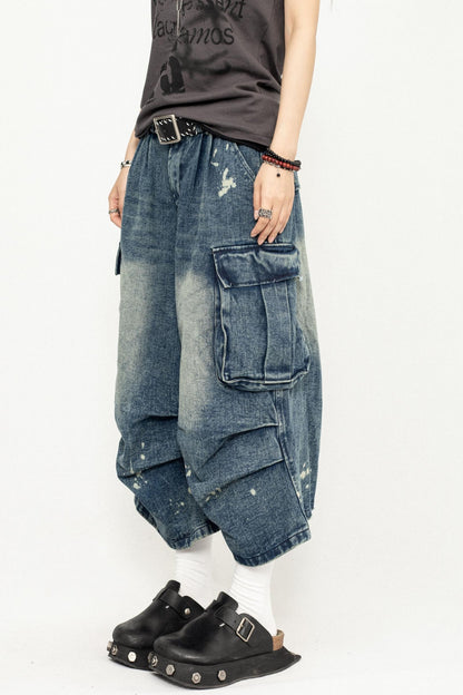 Pleated Denim Culottes Pants