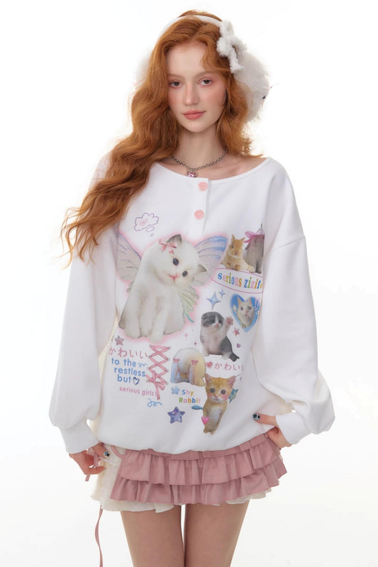 Cat Print Round Neck Sweatshirt