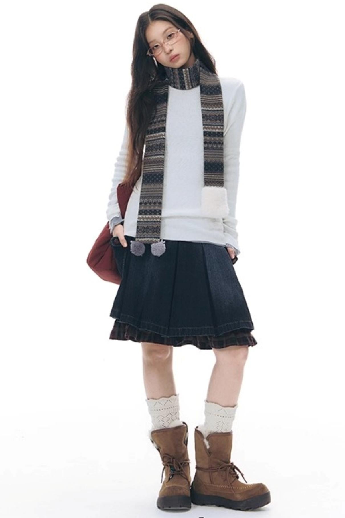Patchwork Red Plaid Denim Skirt