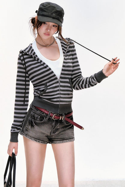 Contrasting Striped Vintage Hooded Cardigan