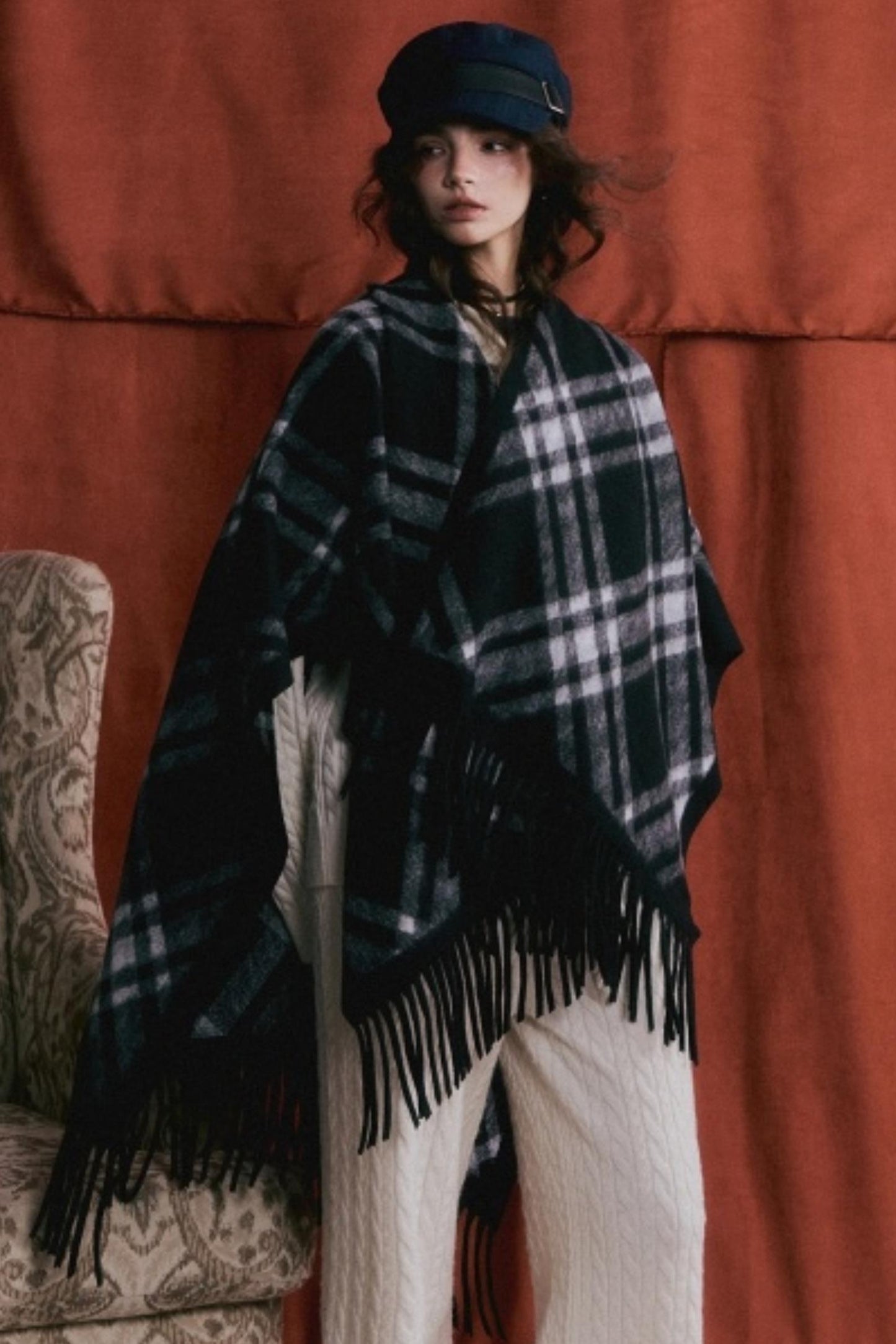 Retro Plaid Tassel Cape Shawl