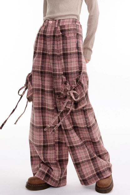 American Pink Plaid Wide-Leg Slacks