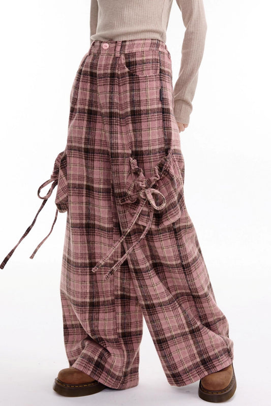 American Pink Plaid Wide-Leg Slacks
