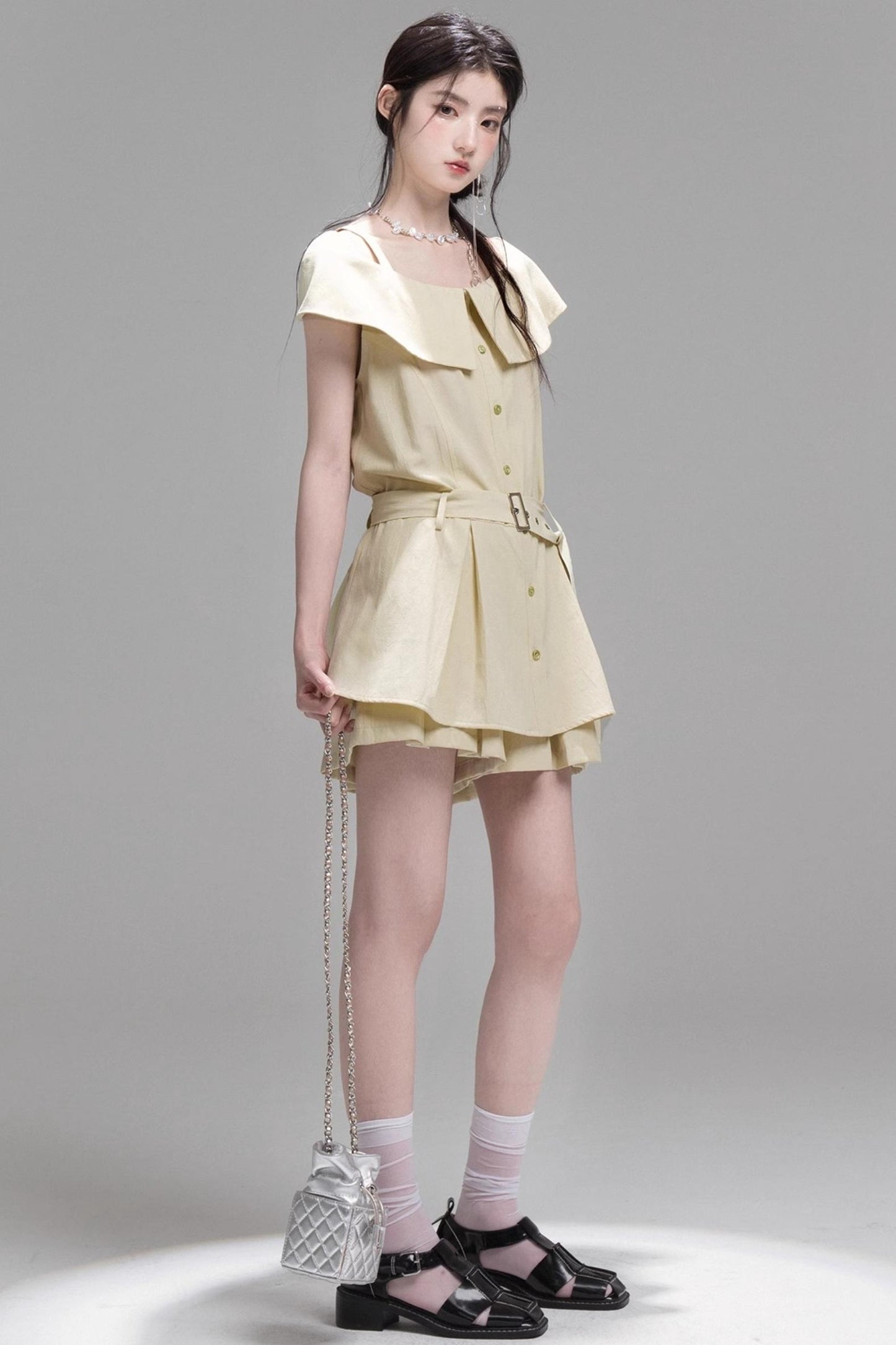 Layered Lime Green Belted Shirt & Pleated Shorts Set