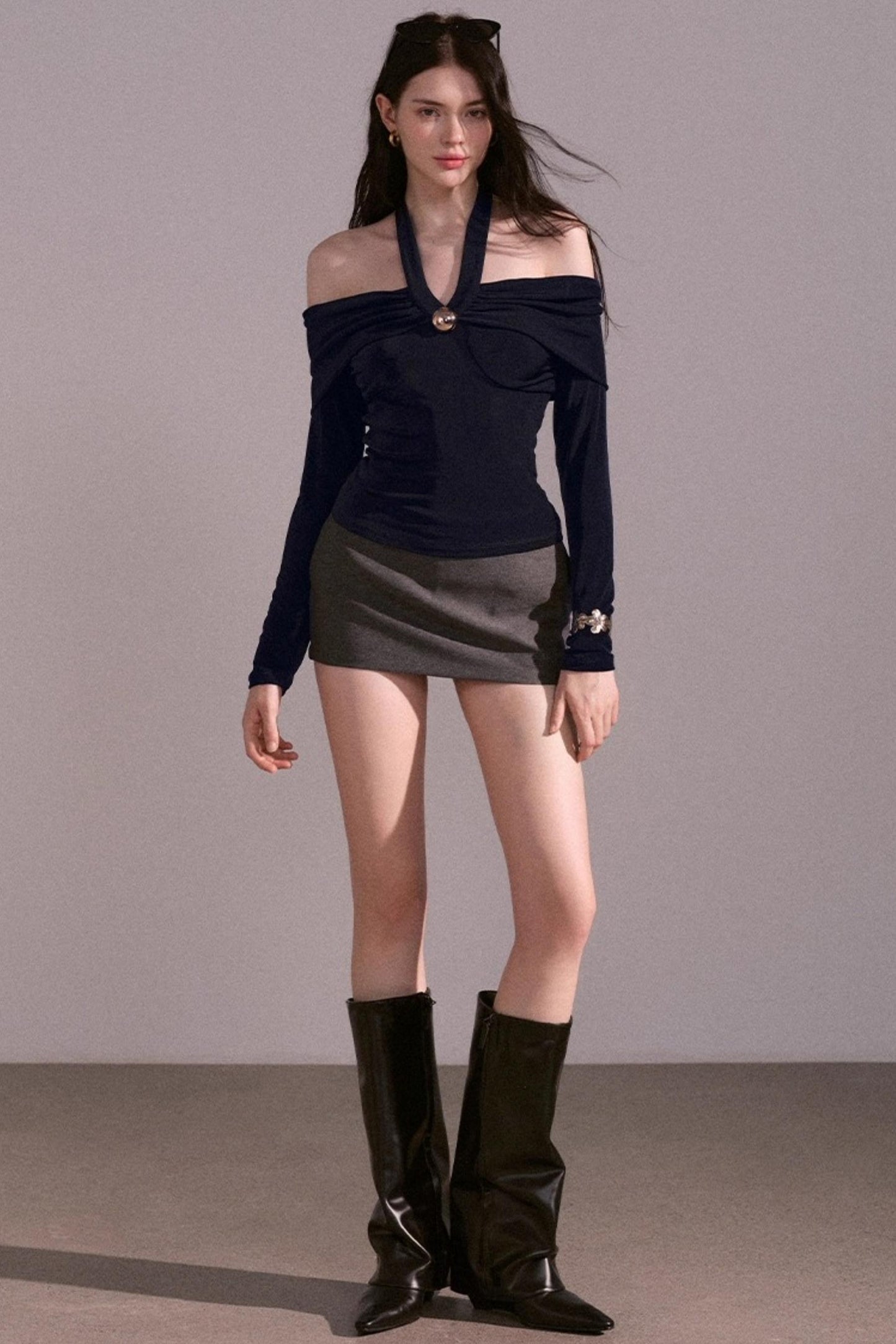 Sense Twisted Navy Halterneck Long Sleeve Top