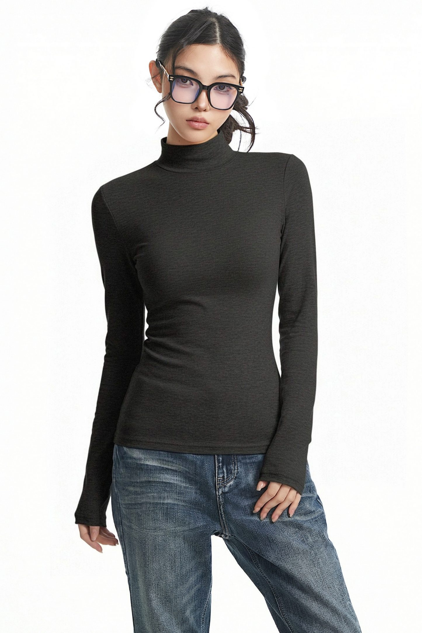 Black Slimming High Collar Top