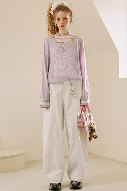 Embroidered Denim Scimitar Pants