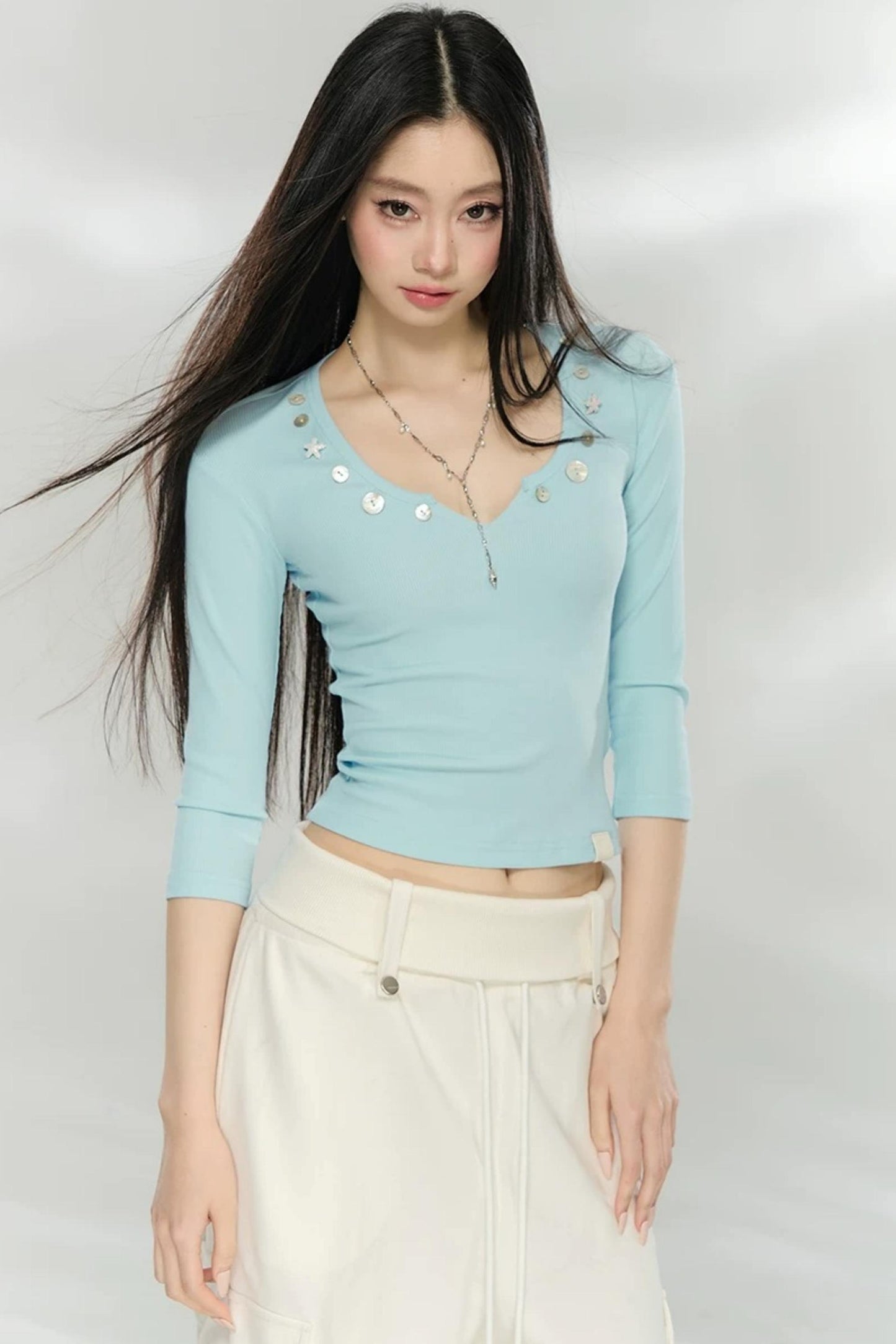 V-Neck Button Knit Top
