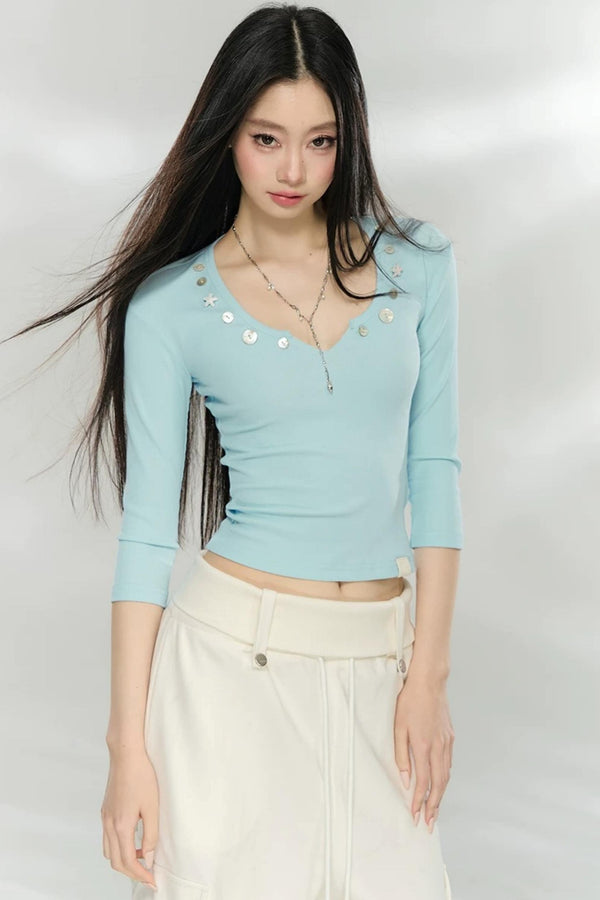 V-Neck Button Knit Top