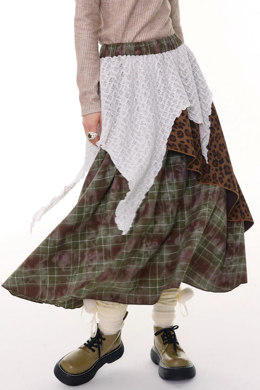 High Waist Irregular Plaid Leopard Print Midi Skirt