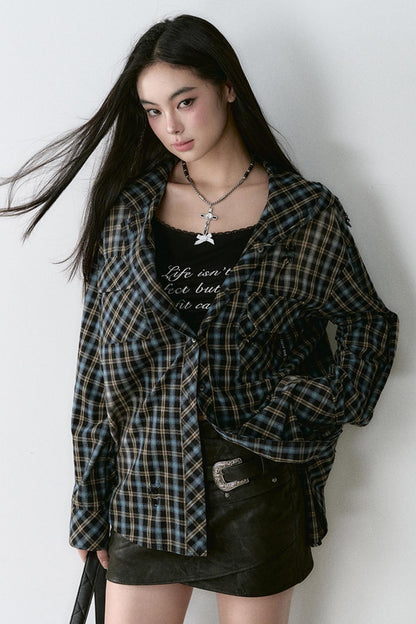 VIAPITTI Design Sense Heavy Work Washed Distressed Hooded Plaid Shirt Women's Autumn Loose Versatile Shirt Jacket