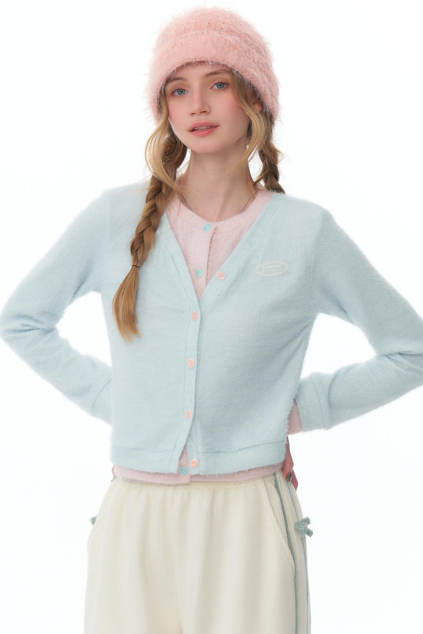 Fake Two-Piece Blue and Pink Cardigan