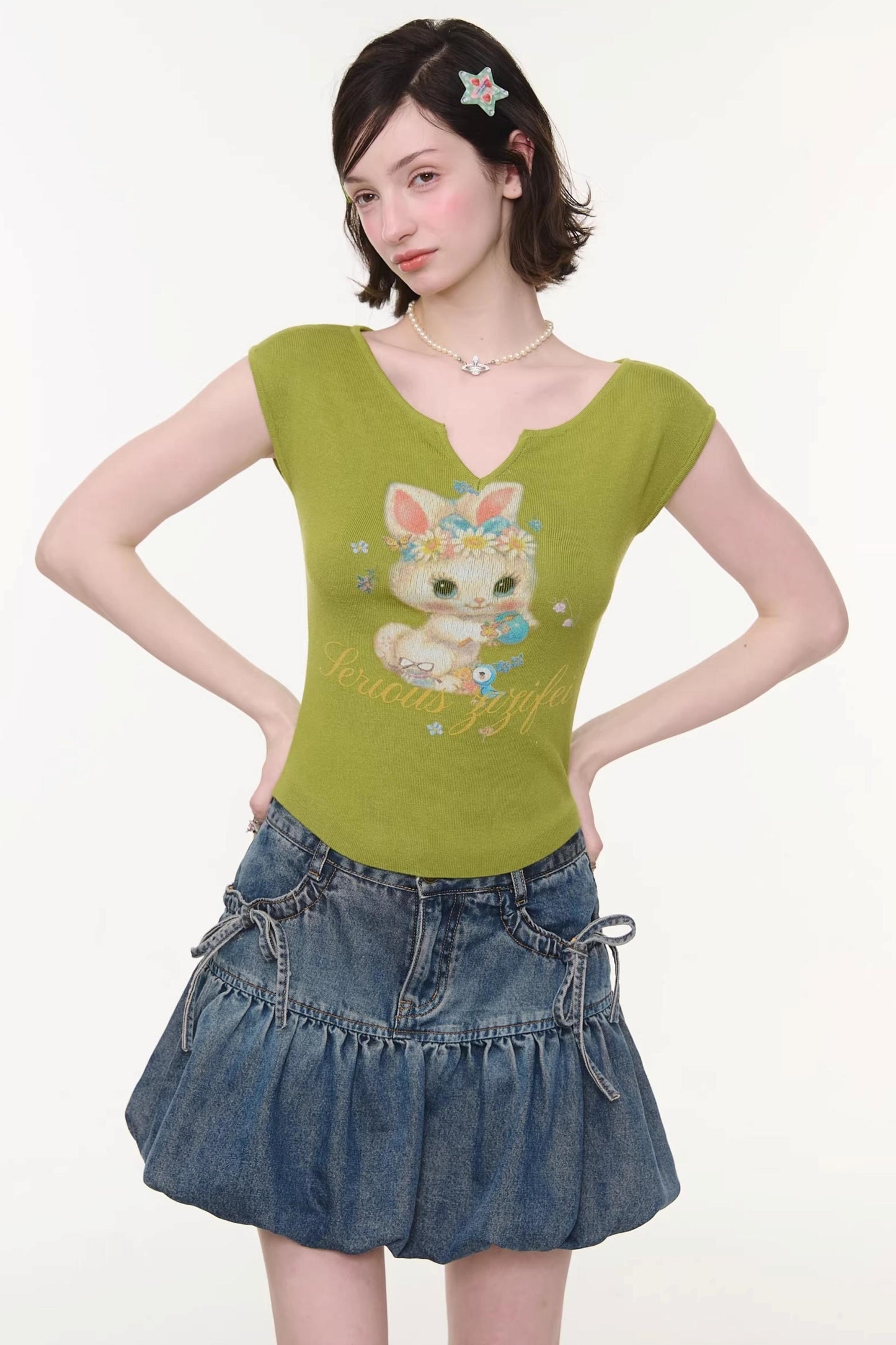 Green Rabbit Print Top