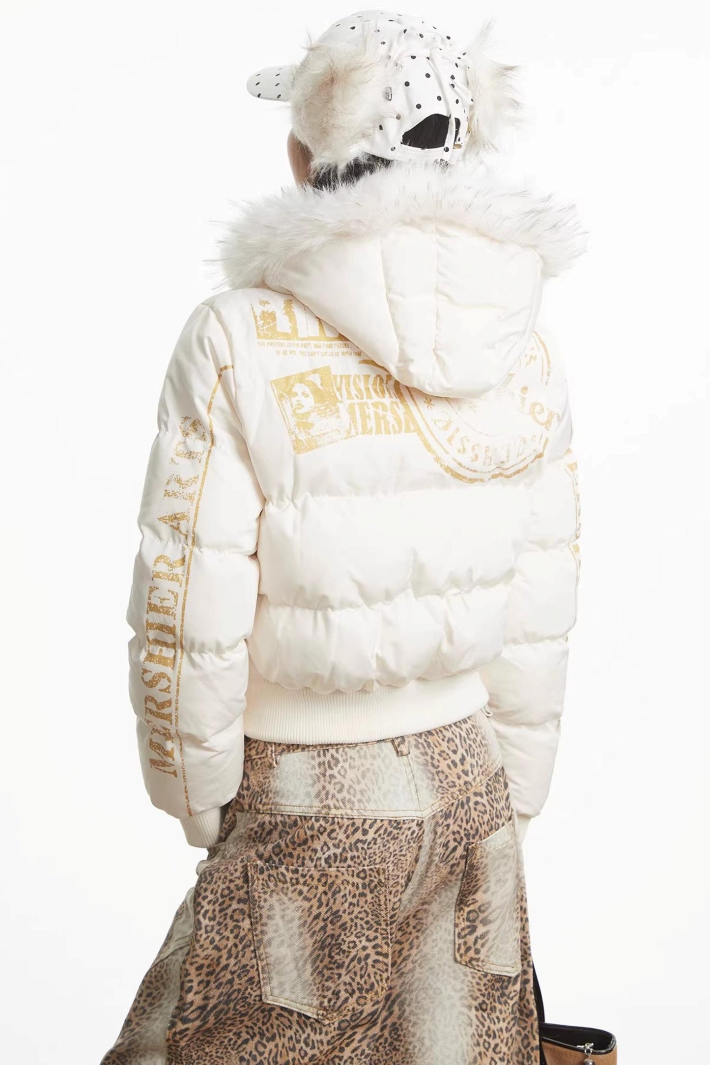 Printed Short Fur Collar Down Jacket