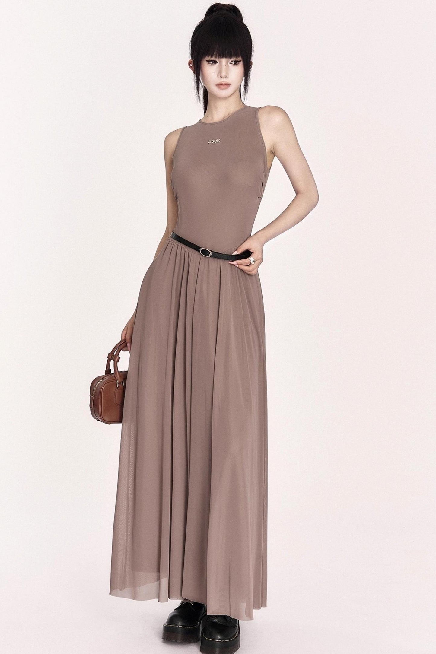 Relaxed French Mesh A-Line Long Dress