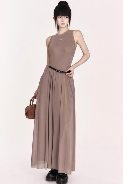 Relaxed French Mesh A-Line Long Dress