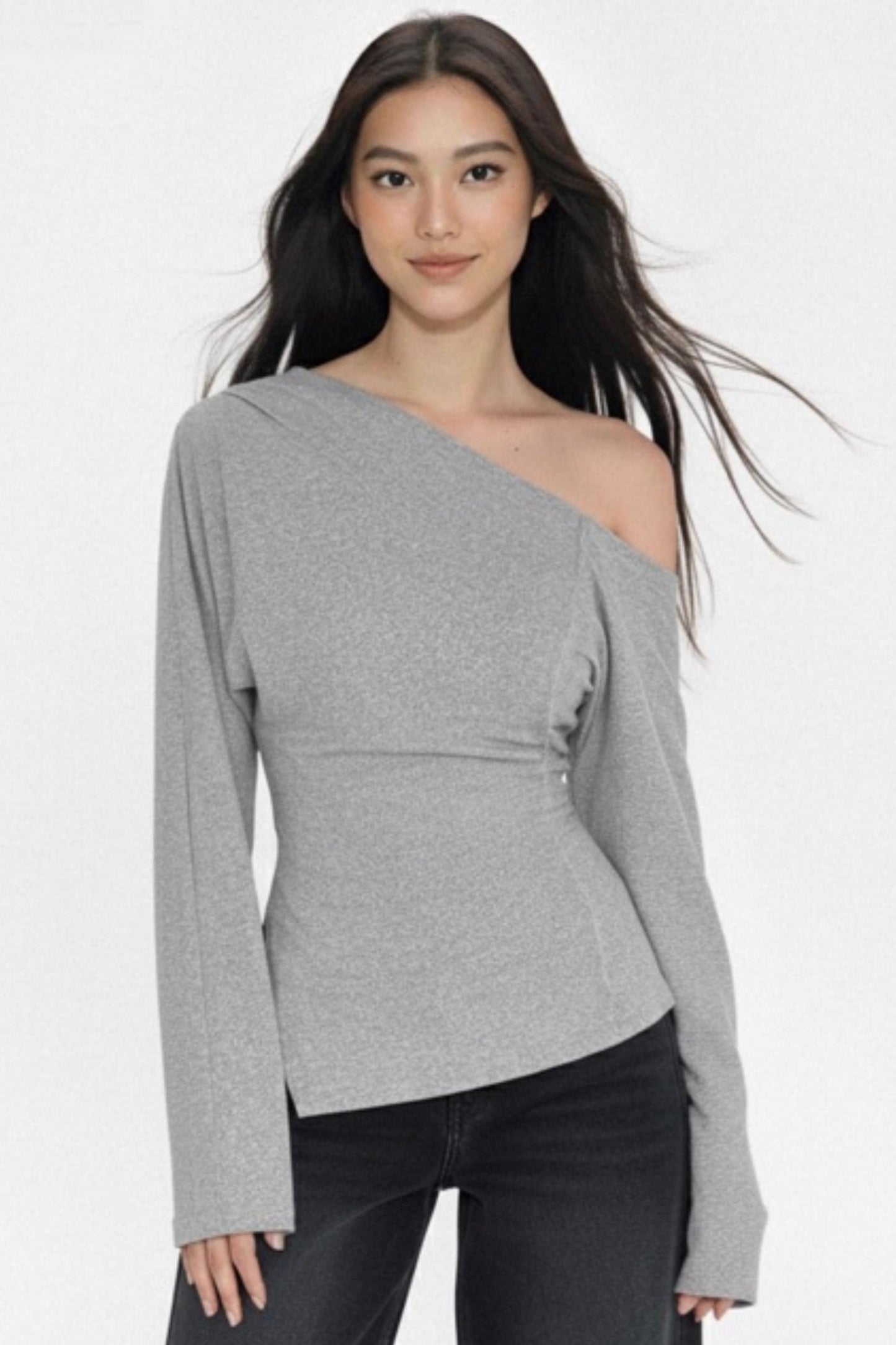 Gray Asymmetrical Shoulder-Cut Top