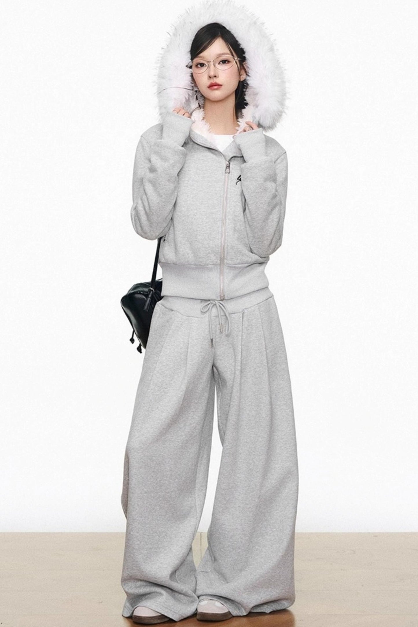 Plush Knitted Zipper Sweatshirt Set-Up