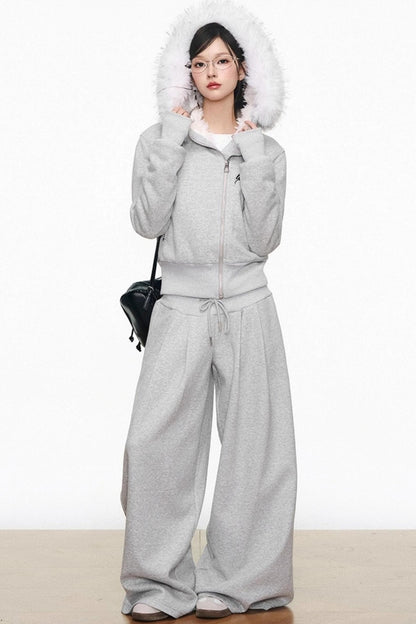 Plush Knitted Zipper Sweatshirt Set-Up