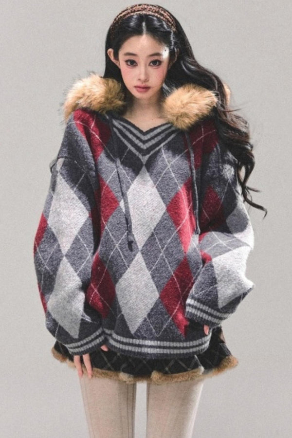 American College Style Fur Collar Sweater