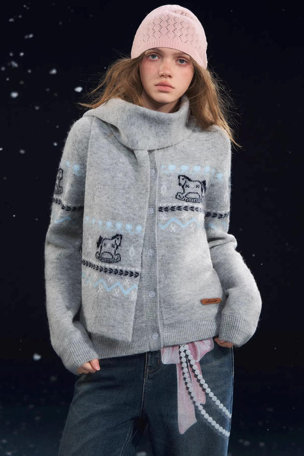 Fair Isle Scarf Cardigan Two-Piece Set