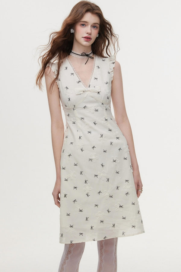 Flutter Sleeves V-Neck Jacquard A-Line Dress