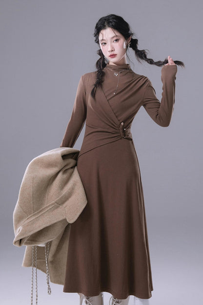 CARAMEL BROWN BUCKLE-EMBELLISHED KNIT Dress