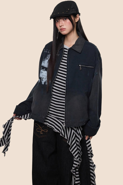 American Fall Distressed Vintage Zip Jacket