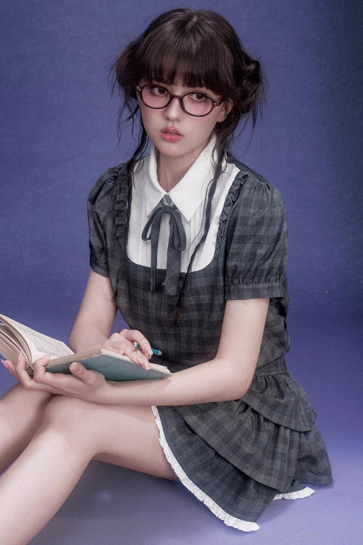 Gray Plaid Cake Dress Set