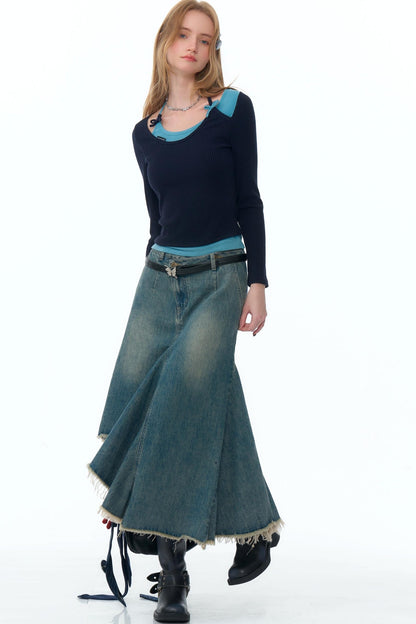 Irregular Design Blue Denim Skirt