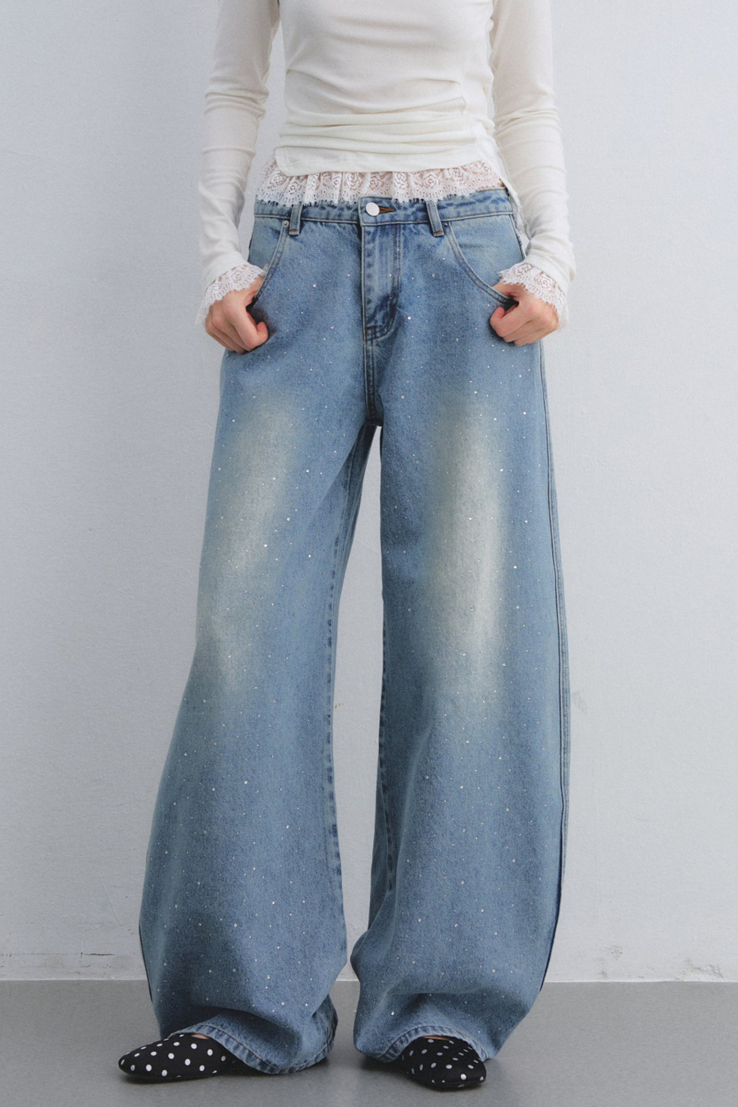Rhinestone Washed Denim Pants