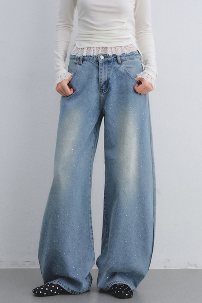 Rhinestone Washed Denim Pants