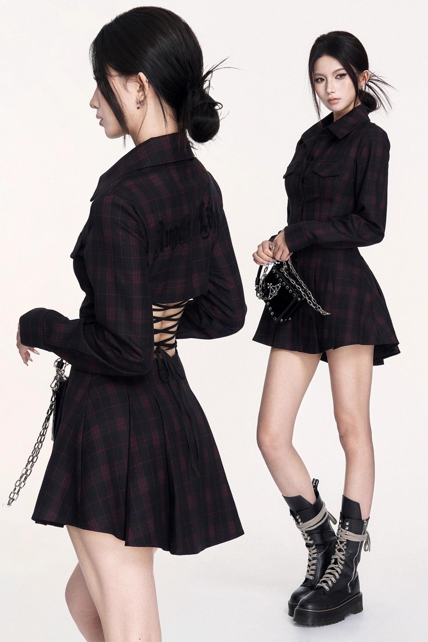 Dark Check Waist Slimming Long Sleeve Dress