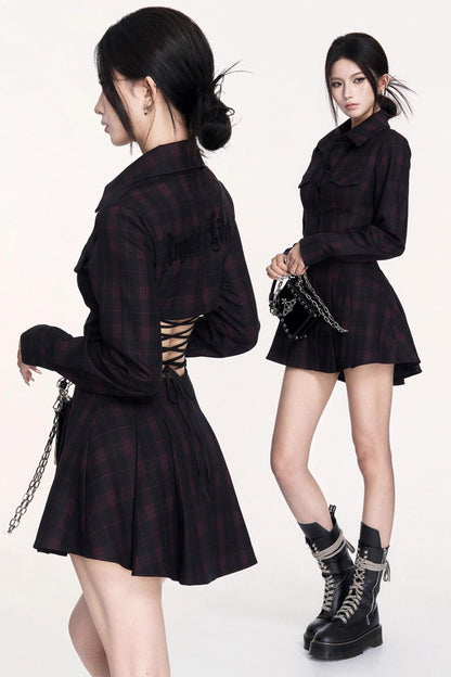 Dark Check Waist Slimming Long Sleeve Dress