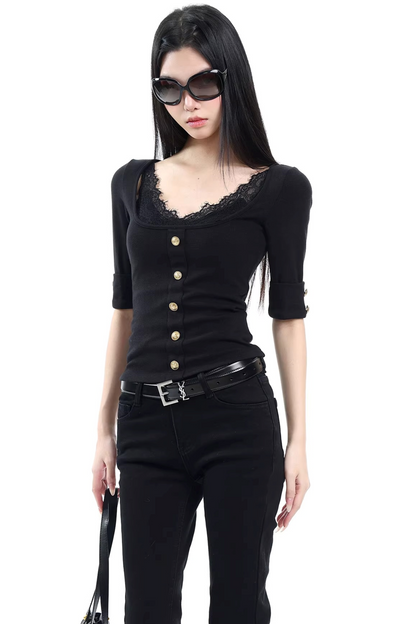 Black Lace V-Neck Top