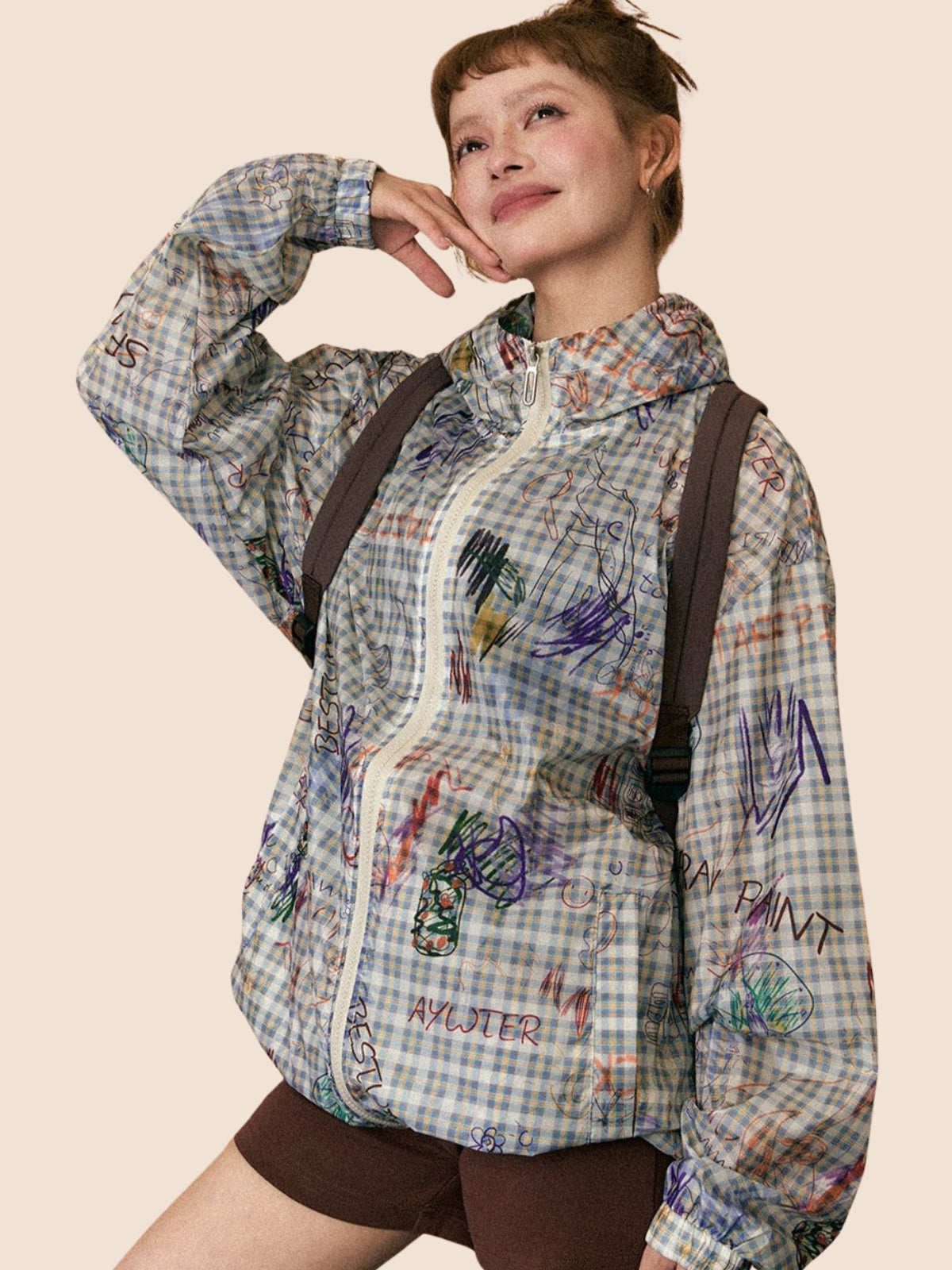 Graffiti Plaid Kapuzen-Sonnenschutzjacke