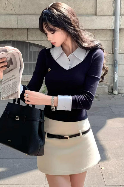 Fake Two Piece Knitted Top Skirt Set-Up