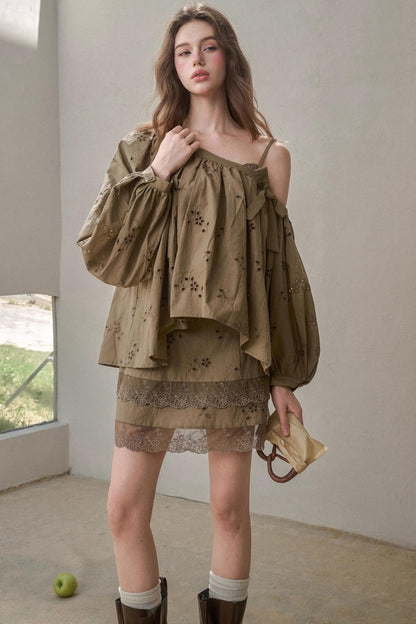 Embroidery Elegant Slanted Shoulder Skirt Set-Up