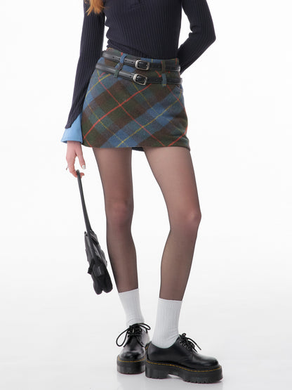 american retro high waist blue plaid skirt