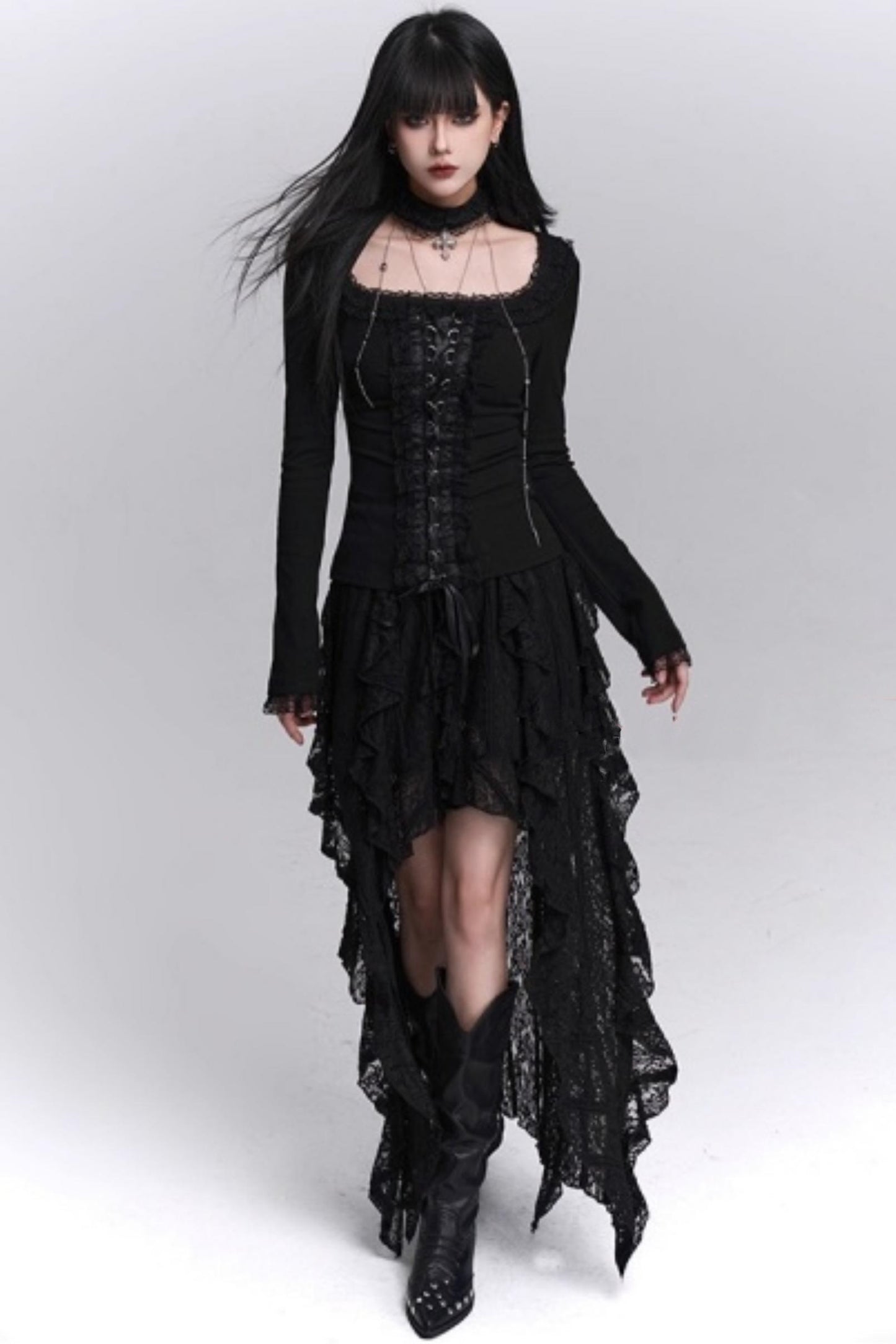 Gothic Black Slim Long Sleeve Top